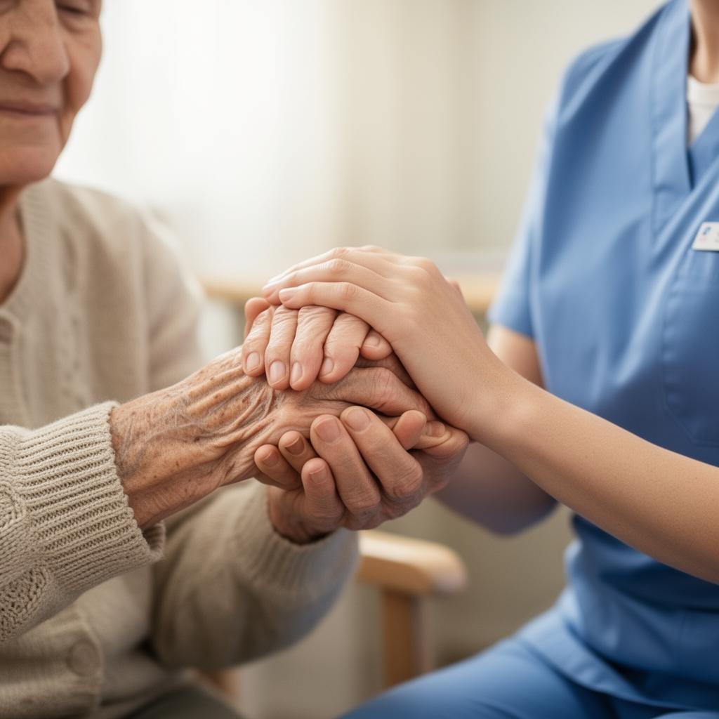 PSW holding the hands of an elderly patient